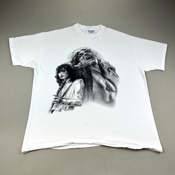 Vintage Led Zeppelin T-Shirt Size Large White Rock Band Portrait Drawing Art 90s - Picture 1 of 11